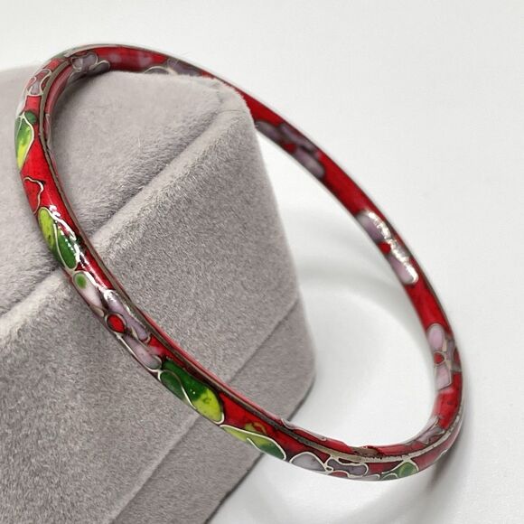 Vintage Cloisonne Enamel Floral Bangle Bracelet 7.5" Red Pink Green Metal - Picture 1 of 6